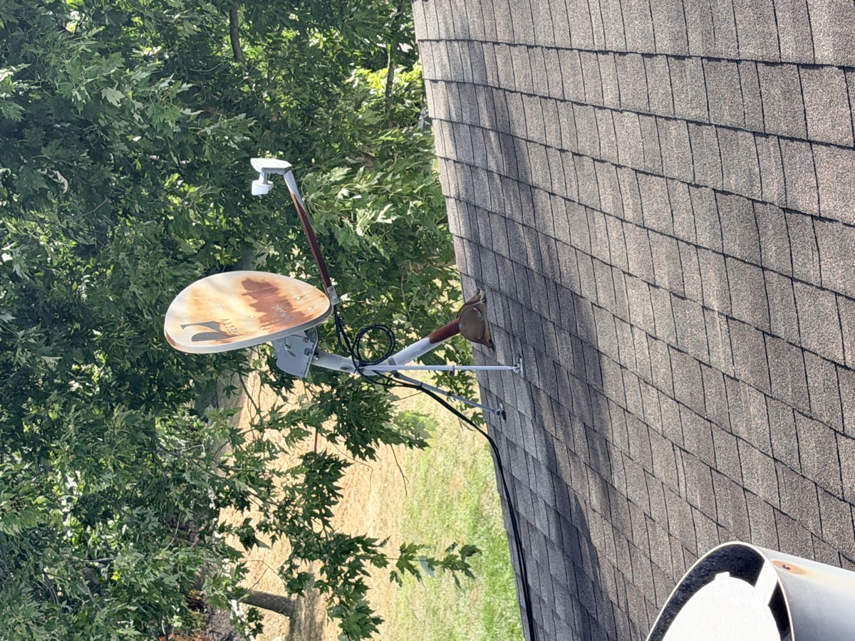 Old satellite dish mounted on a roof