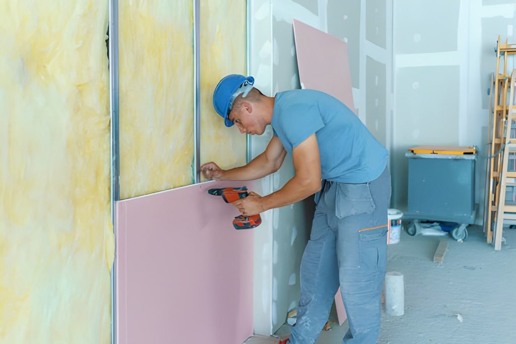 Worker installing drywall with power drill
