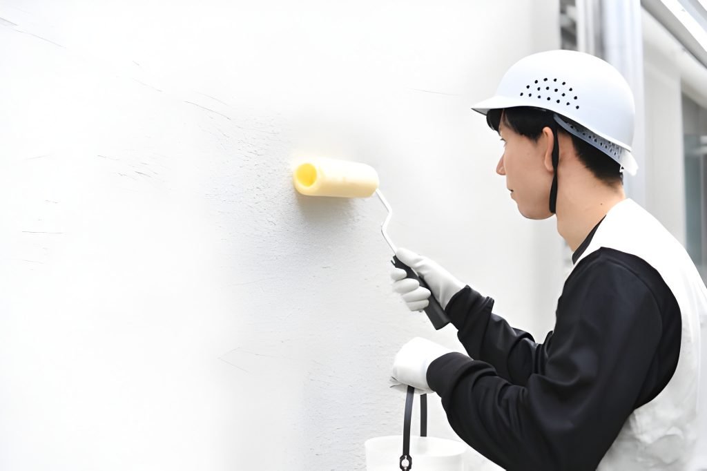 Painter applying white paint on wall.