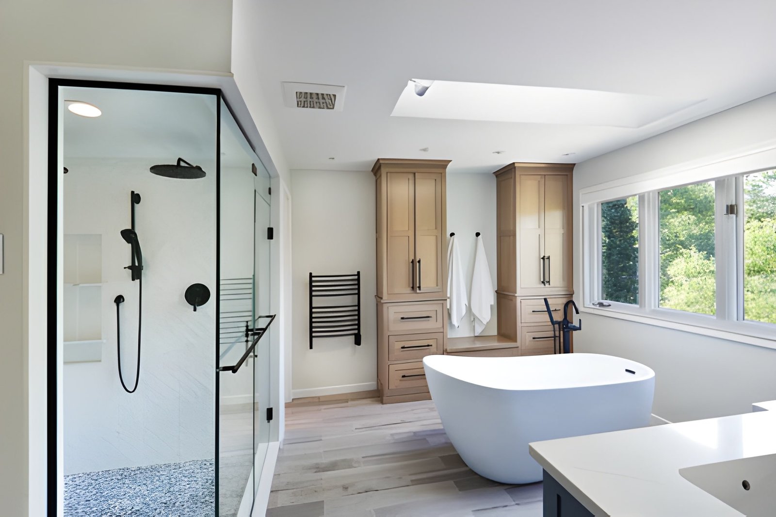 Contemporary Bathroom Design with Freestanding Bathtub and Shower Stall