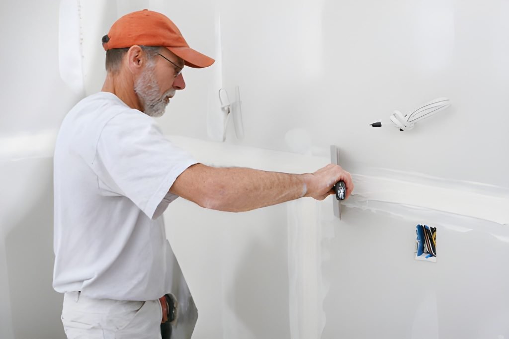 Drywall hanger applies tape and mud to sheetrock on home remodel job.