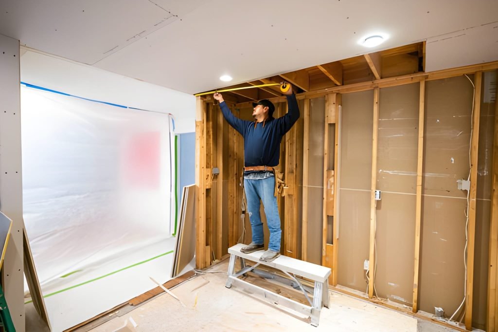 Handyman measuring ceiling during home renovation.