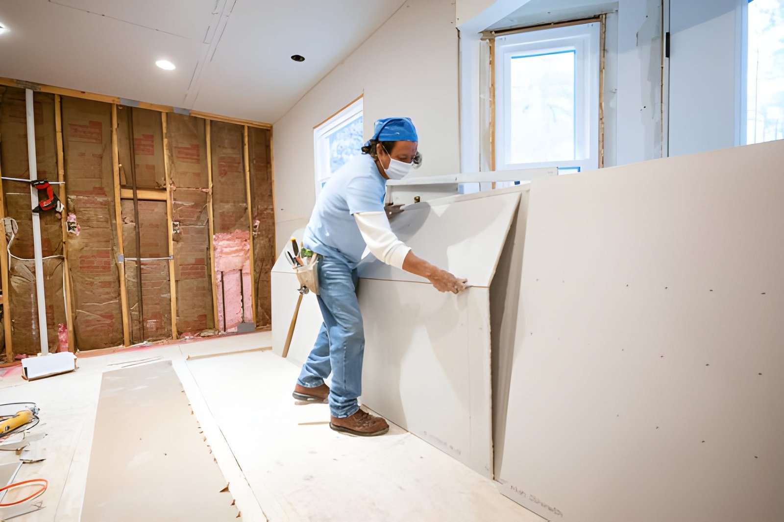 Worker installing drywall in renovation project