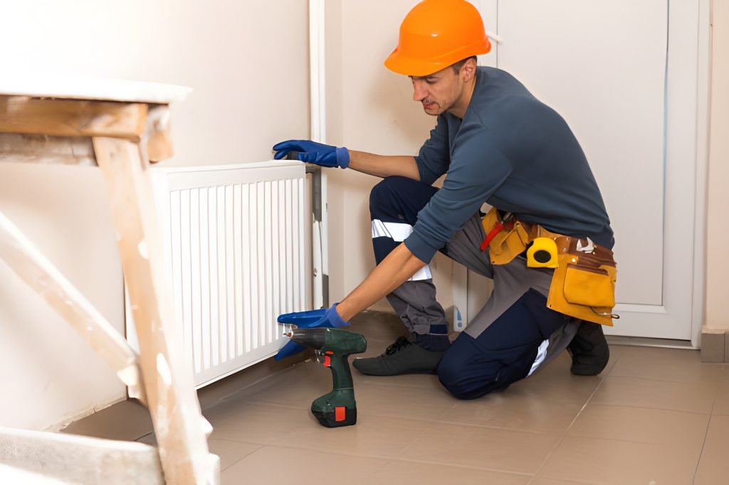 Worker installing radiator heating system