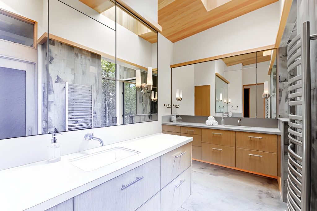 Home interior bathroom remodel construction with line drawing transition to blend fade into finished project.