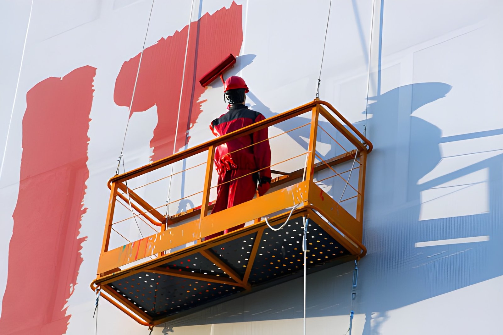 Worker painting exterior wall red
