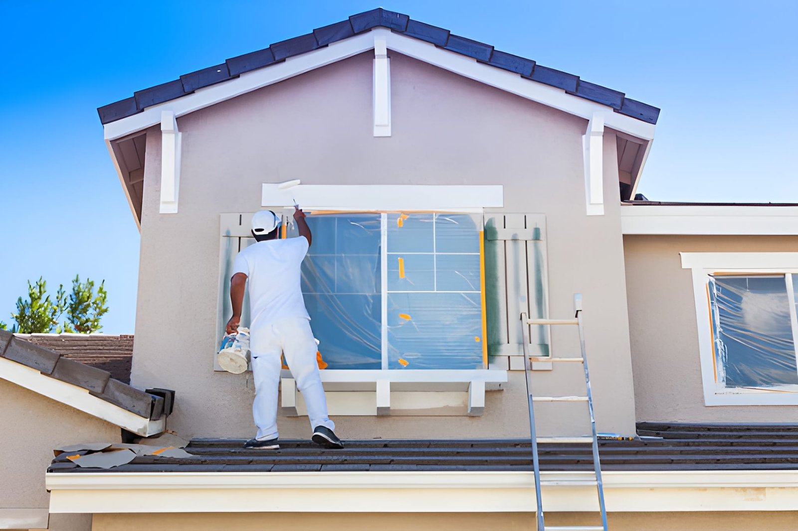 Painter coating house exterior trim white