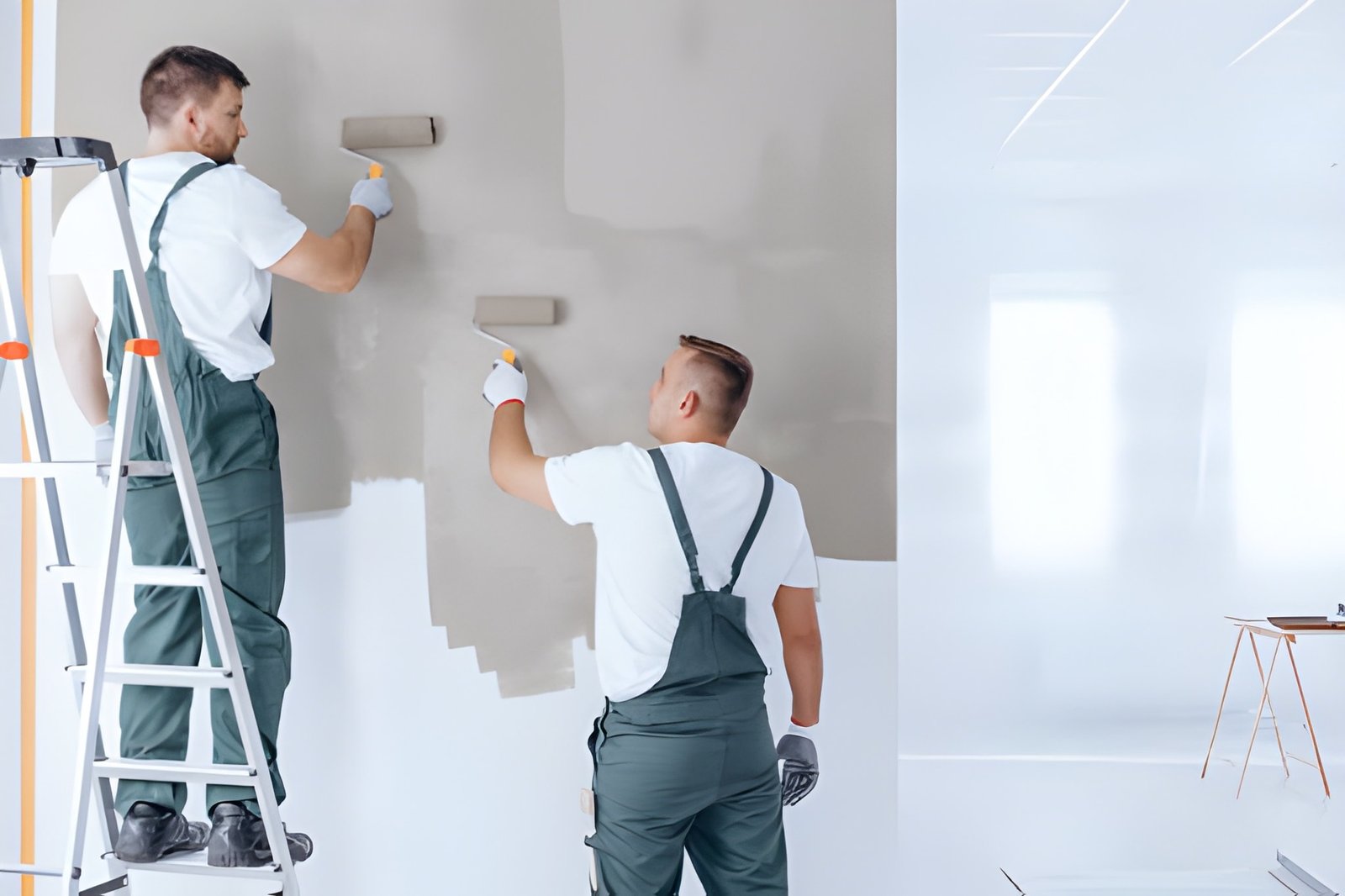 Man on ladder painting wall on beige color using roller next to painter in overalls