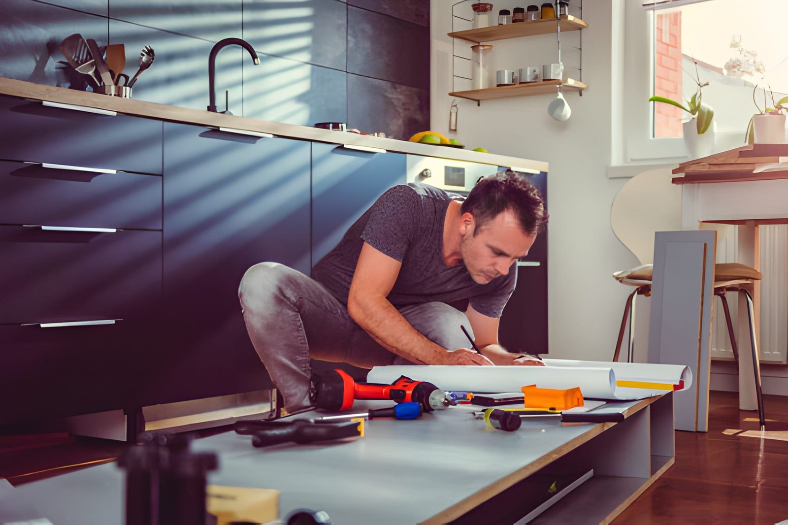 Man working on a new kitchen installation and looking at blueprints