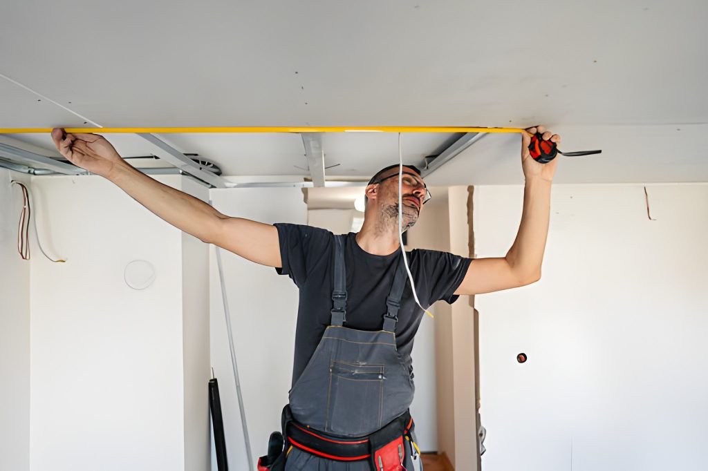 Handyman measuring ceiling for drywall installation