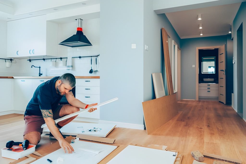 Man assembling furniture in modern kitchen.