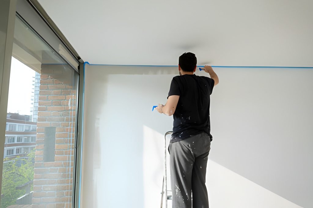 Man applying painter’s tape on wall.