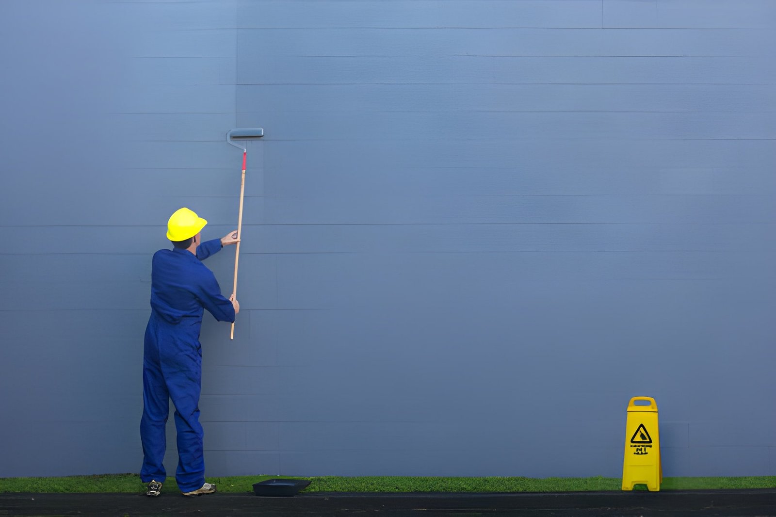 Worker painting blue exterior wall