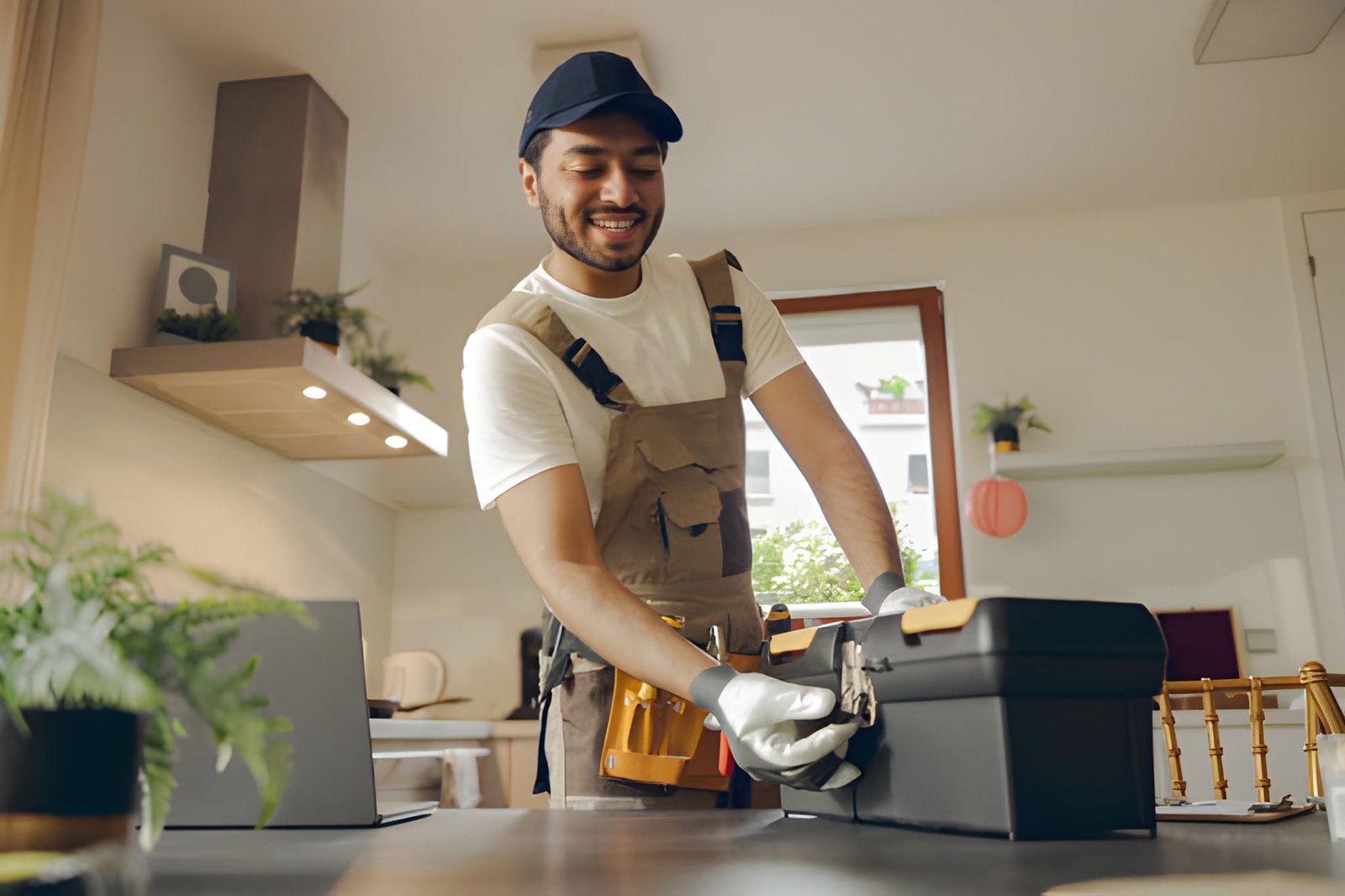 Positive repairman in uniform standing on home kitchen and opening his tool bag