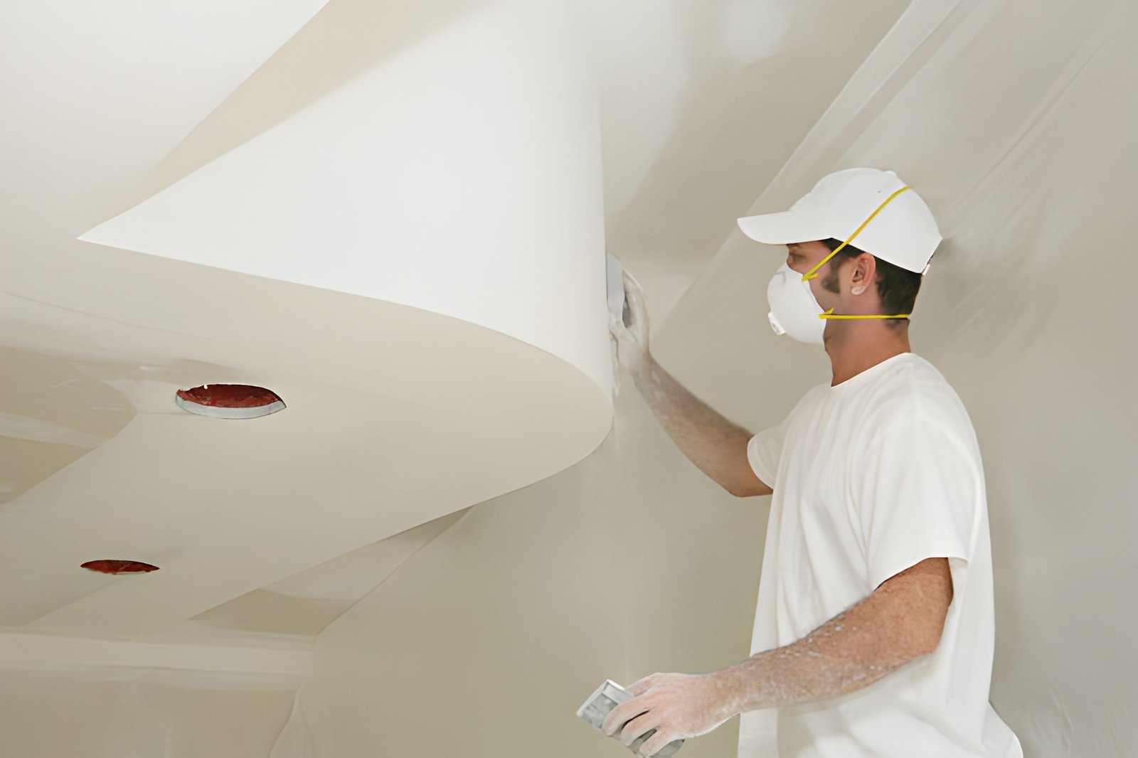 Worker sanding ceiling for smooth finish.