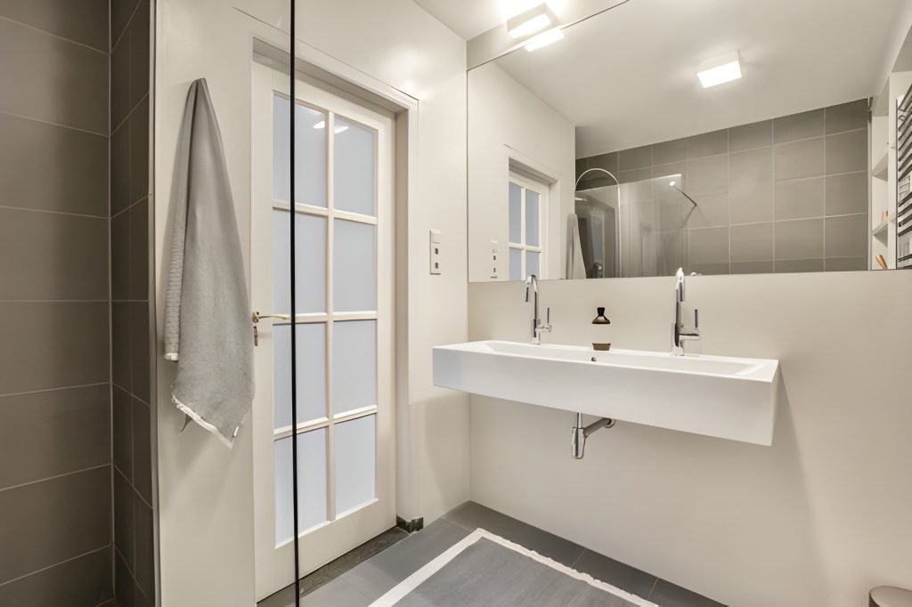 Modern bathroom interior with double sink, large mirror, and gray tile design