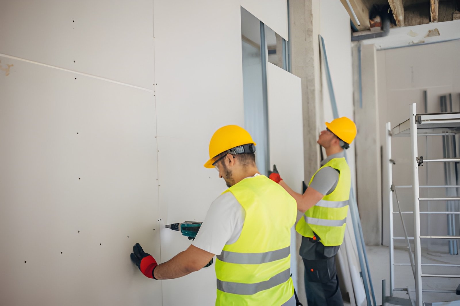 Construction workers installing drywall panels