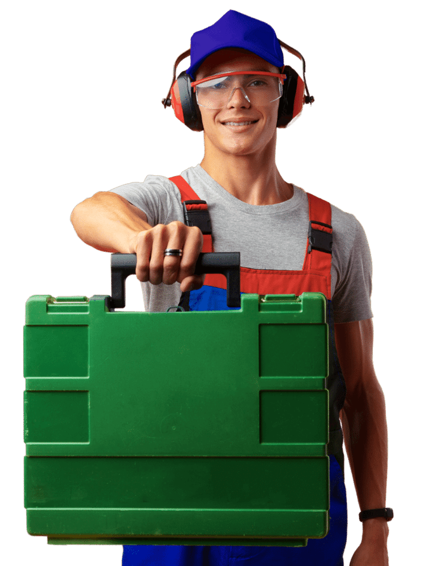 Smiling worker holding a green toolbox