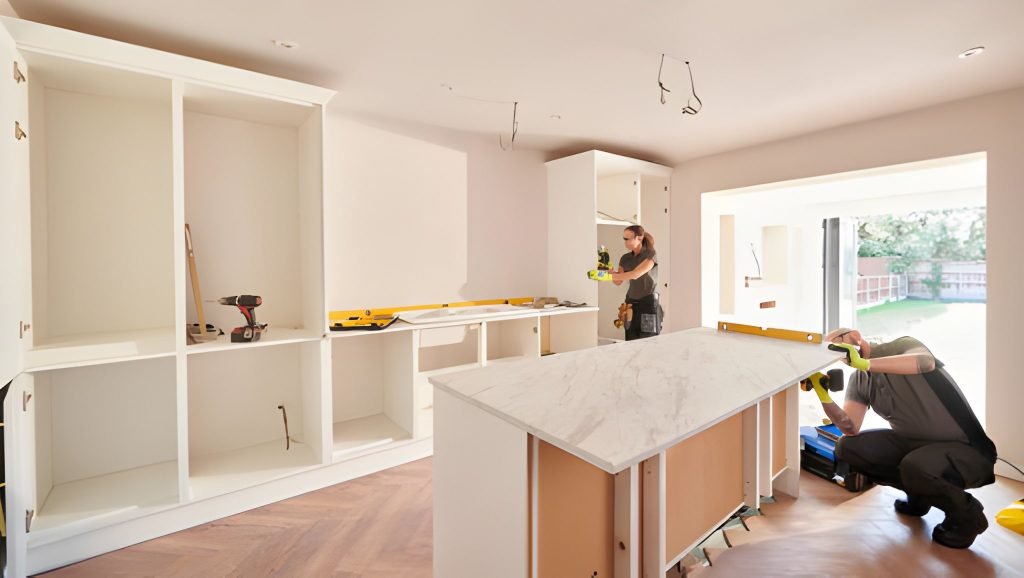 Handymen installing cabinets and kitchen island