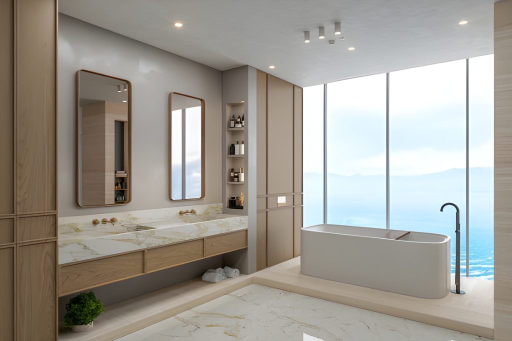 Luxury bathroom with ocean view.