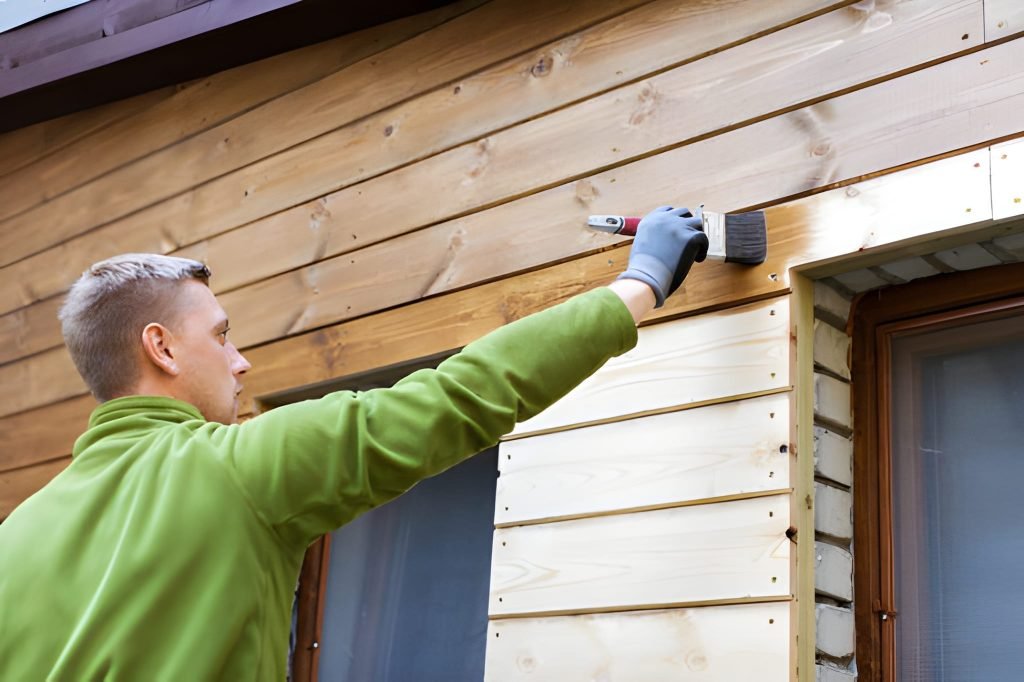 Man painting wooden house exterior.