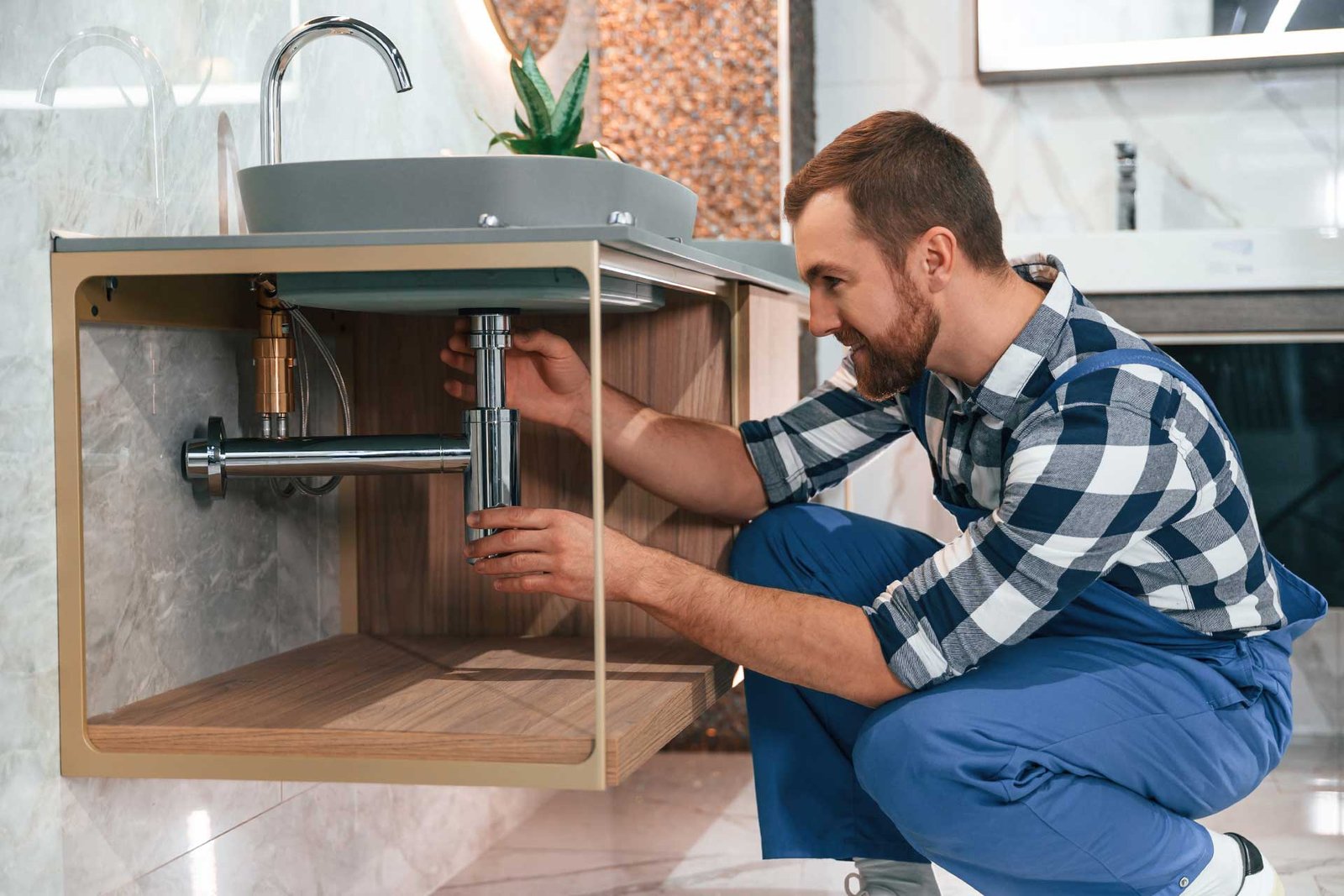 Plumber fixing sink drain pipe