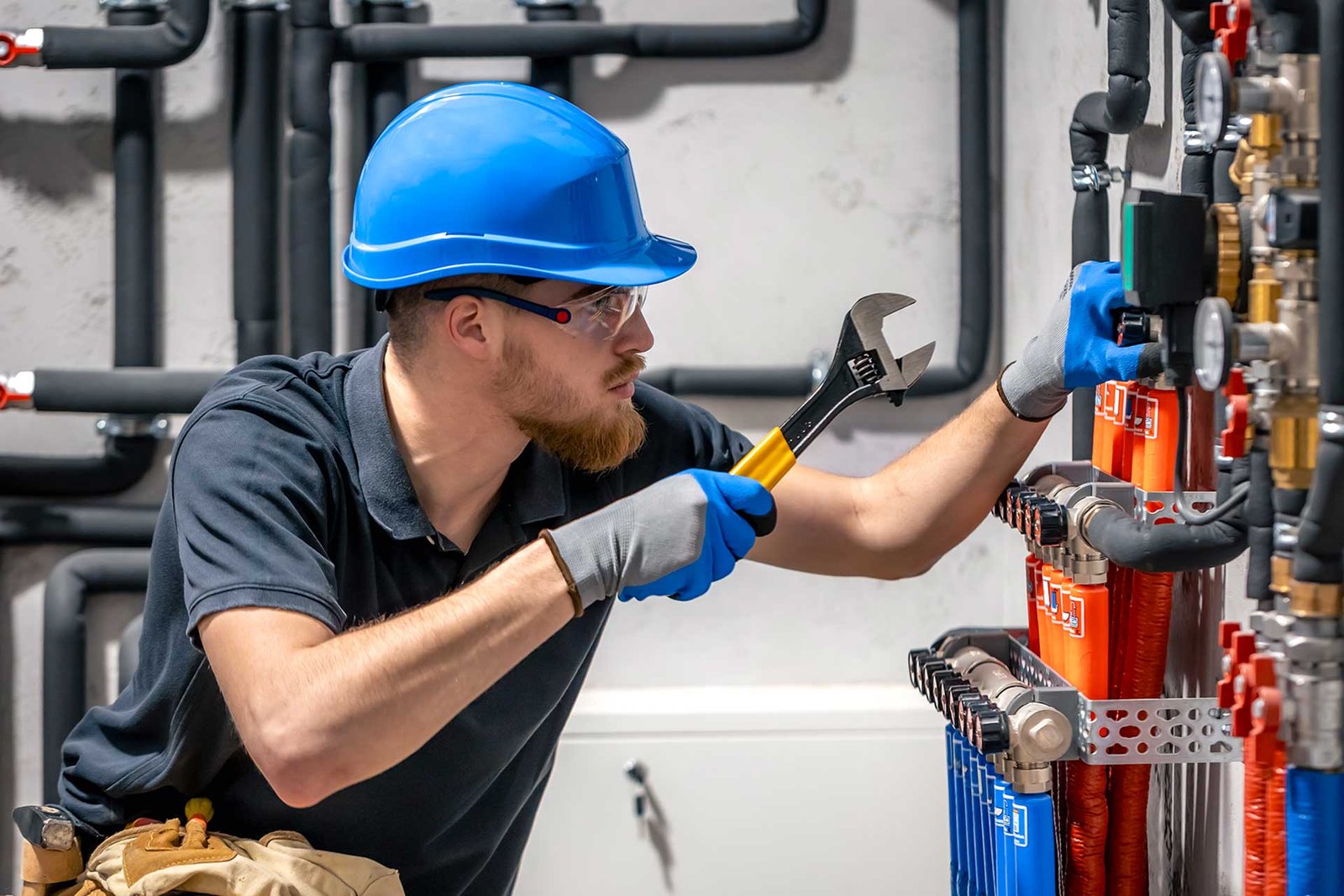 Plumber fixing industrial pipes with wrench