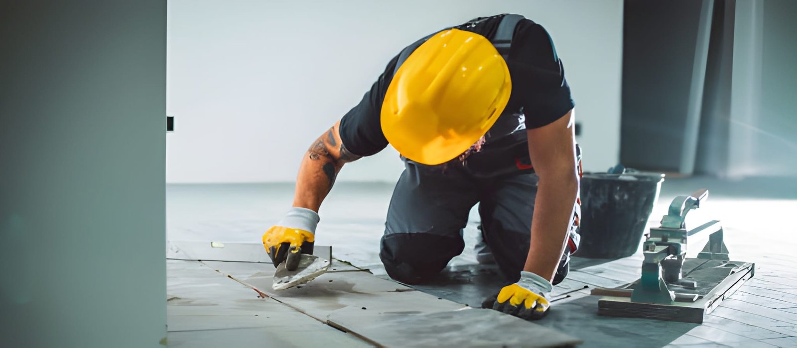 A bearded man in overalls working on a tile floor, filling the joints with grout.