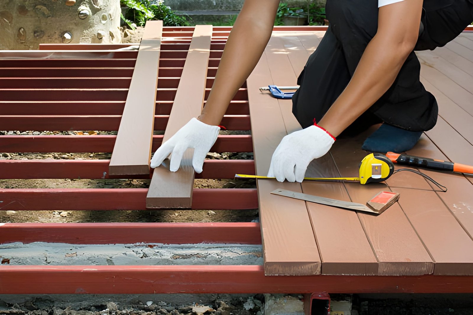 Measuring and installing wooden deck boards.